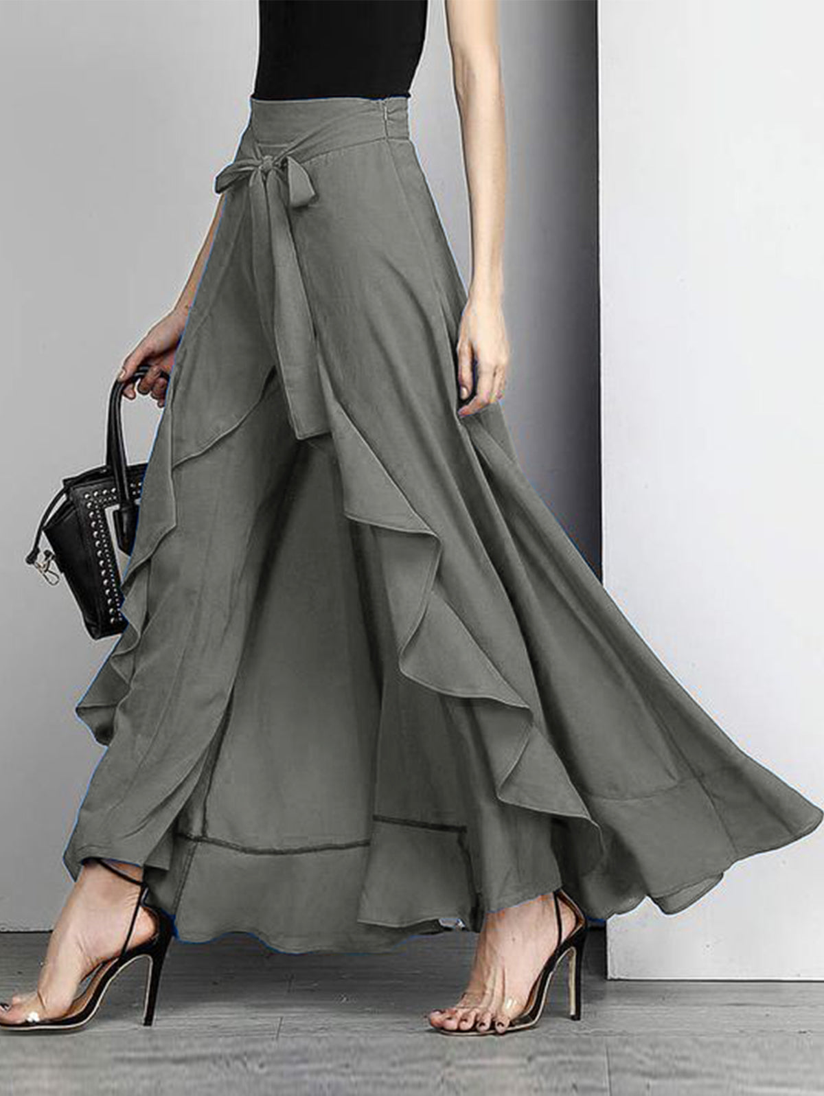 French Red Waist Spliced Ruffle Hem Straight Leg Skirt