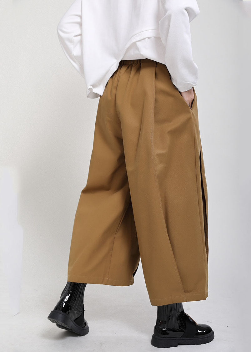 Modern Yellow Elastic Waist Oversized Pockets Cotton Crop Pants