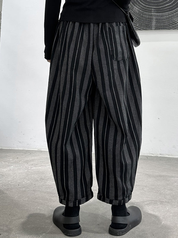 Casual Black High Waisted Pockets Striped Harem Pants