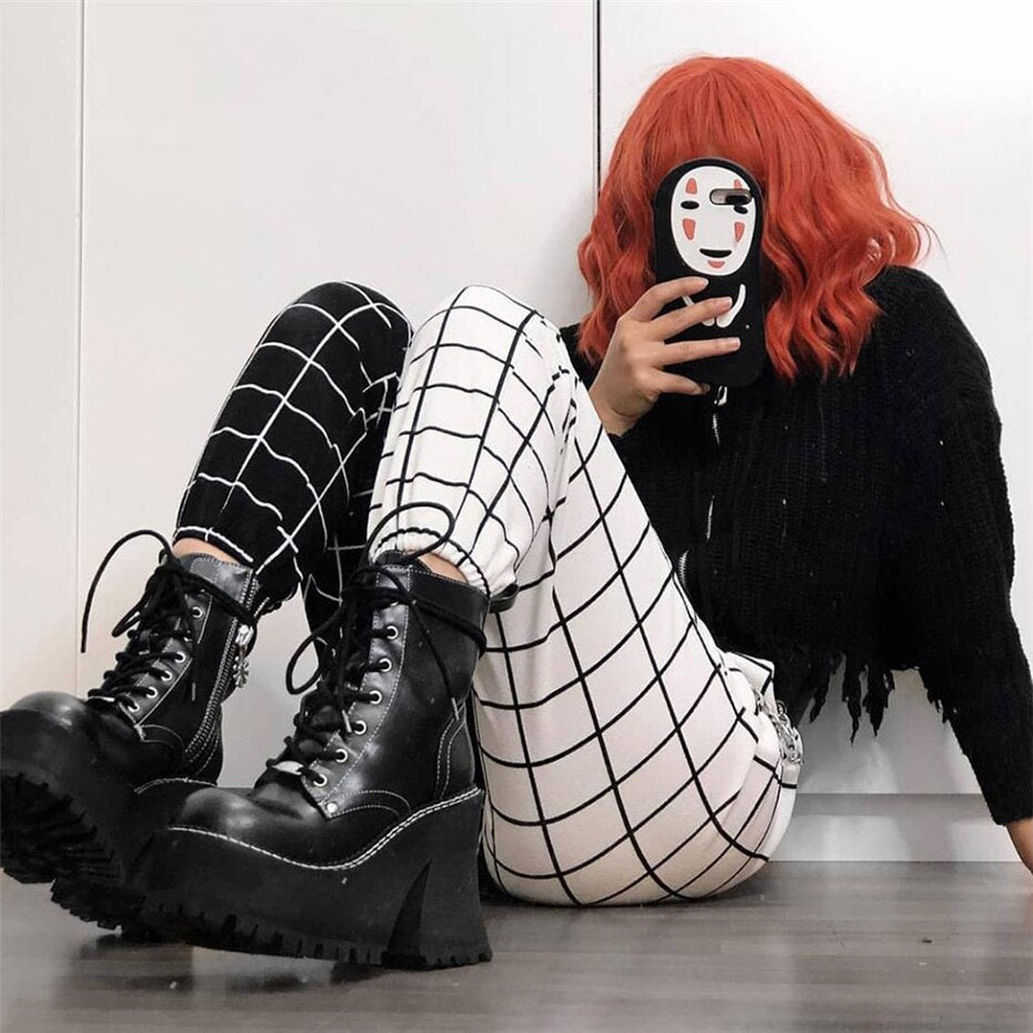 GOTH PATCHWORK HIGH WAIST BLACK & WHITE CARGO PANTS