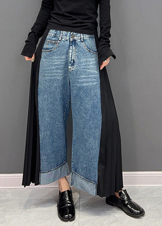 Casual Blue Chiffon Patchwork High Waist Denim Straight Pants Spring