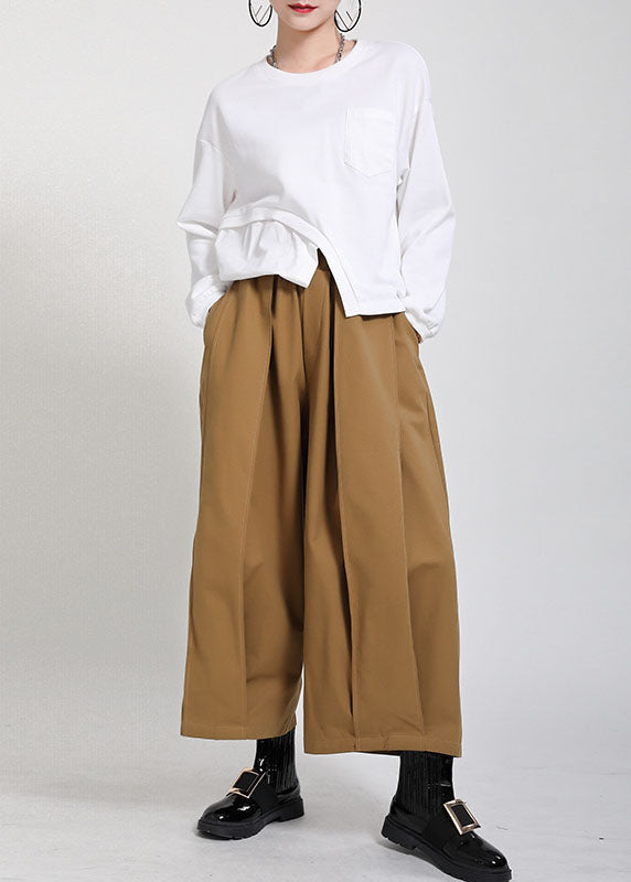 Modern Yellow Elastic Waist Oversized Pockets Cotton Crop Pants