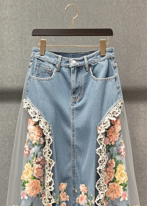 Boutique Light Blue Tulle Patchwork Flower Denim Skirts Fall