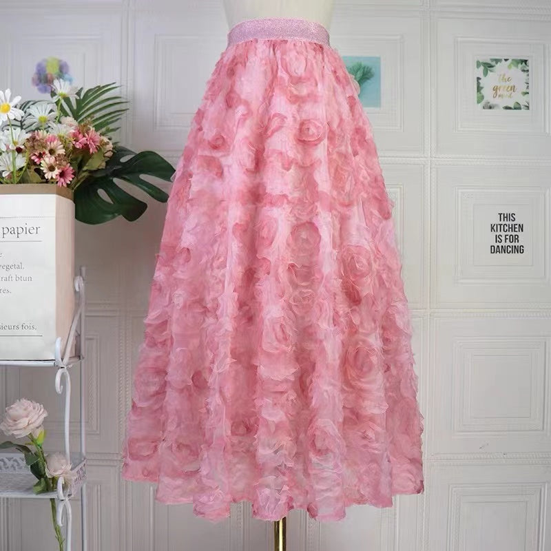 Gradient Color Purple Embroidered Floral Elastic Waist Tulle Maxi Skirt Long Sleeve