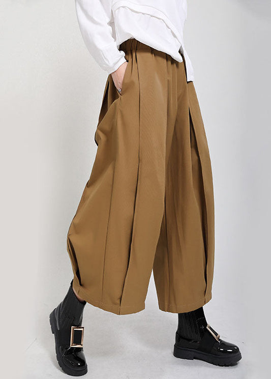 Modern Yellow Elastic Waist Oversized Pockets Cotton Crop Pants