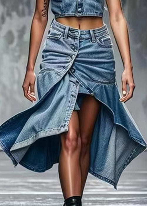 Chic Blue Button Side Open High Waist Denim Skirts Summer