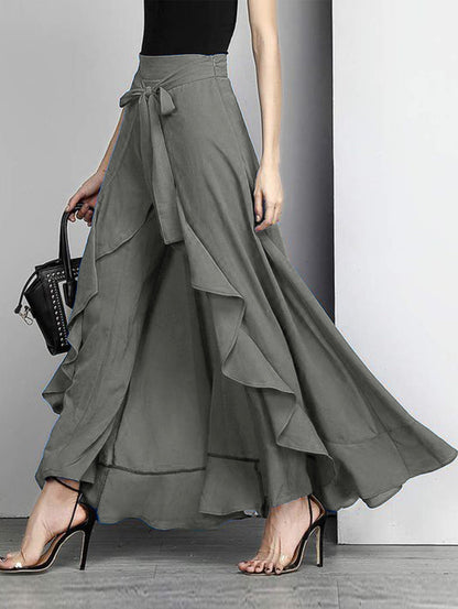 French Red Waist Spliced Ruffle Hem Straight Leg Skirt