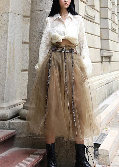 Comfy Khaki tie waist Patchwork Tulle Skirt Summer