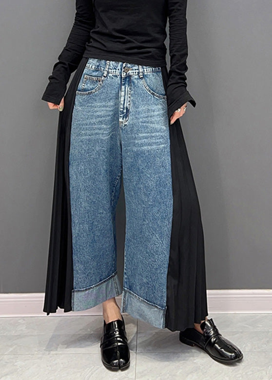 Casual Blue Chiffon Patchwork High Waist Denim Straight Pants Spring