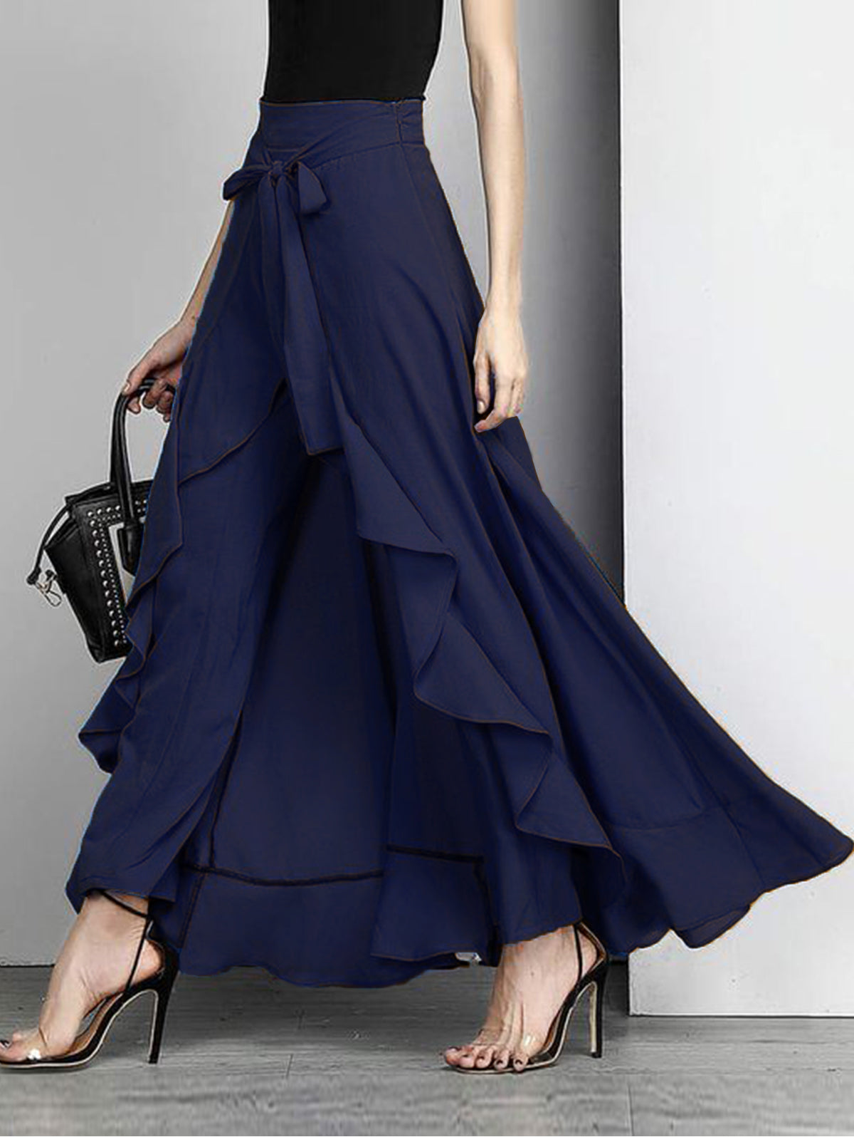 French Red Waist Spliced Ruffle Hem Straight Leg Skirt