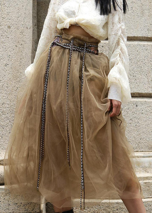 Comfy Khaki tie waist Patchwork Tulle Skirt Summer