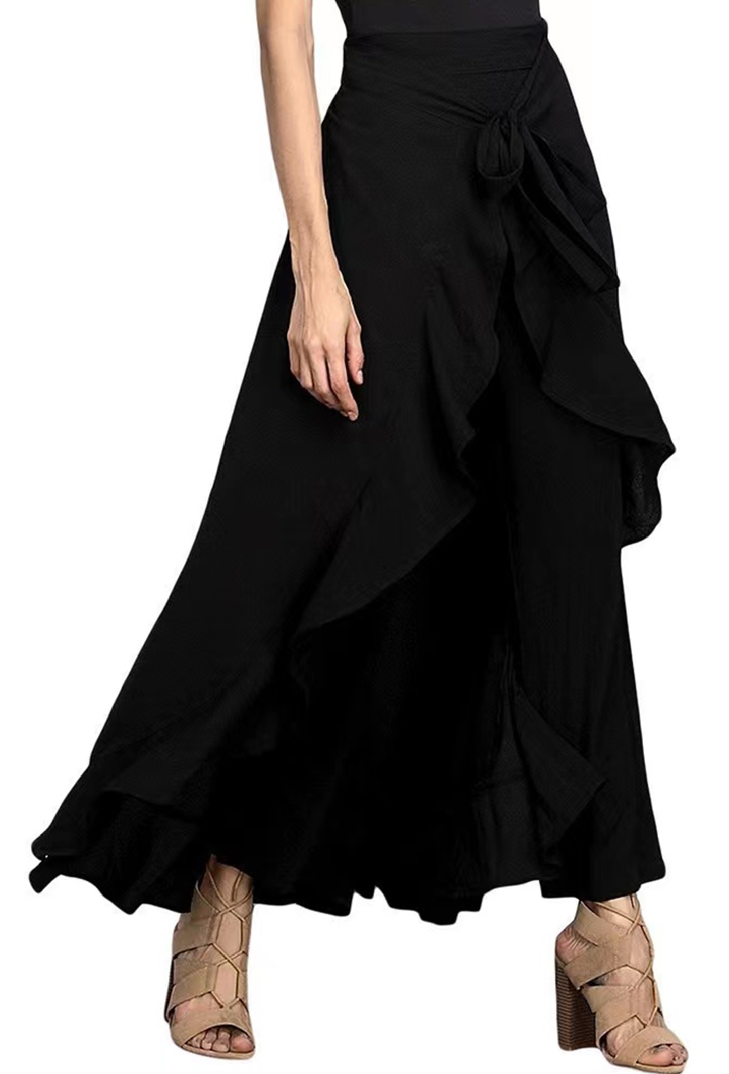 French Red Waist Spliced Ruffle Hem Straight Leg Skirt