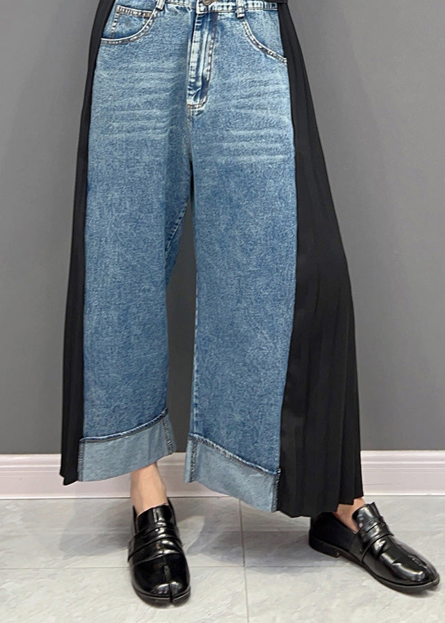 Casual Blue Chiffon Patchwork High Waist Denim Straight Pants Spring