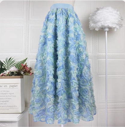 Gradient Color Purple Embroidered Floral Elastic Waist Tulle Maxi Skirt Long Sleeve