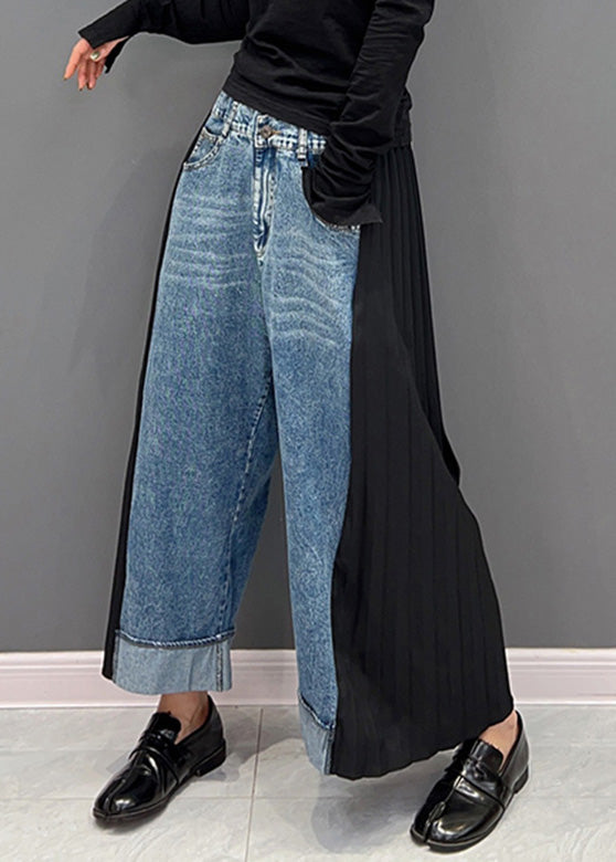 Casual Blue Chiffon Patchwork High Waist Denim Straight Pants Spring