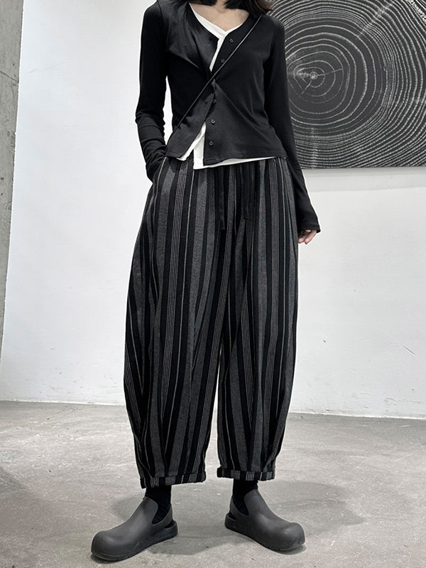 Casual Black High Waisted Pockets Striped Harem Pants
