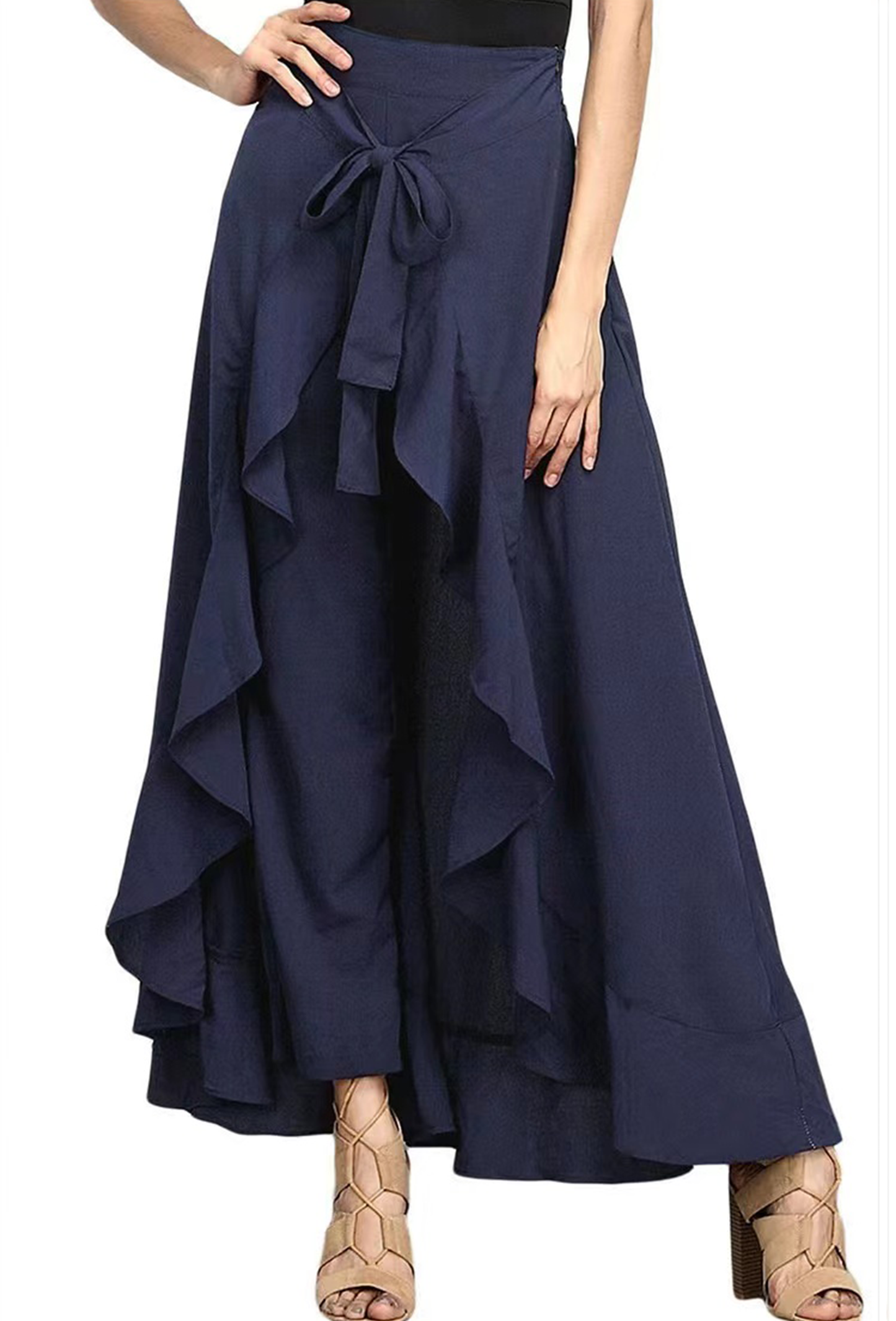 French Red Waist Spliced Ruffle Hem Straight Leg Skirt