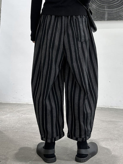 Casual Black High Waisted Pockets Striped Harem Pants