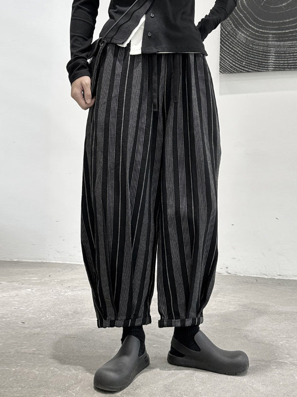 Casual Black High Waisted Pockets Striped Harem Pants