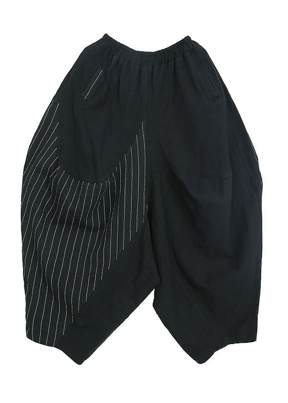 Fine Black Patchwork Striped Cotton Pants Spring