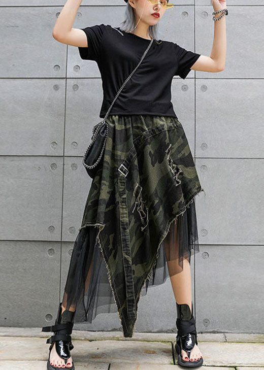 Italian Camouflage High Waist Denim Patchwork Tulle asymmetrical design  Skirts