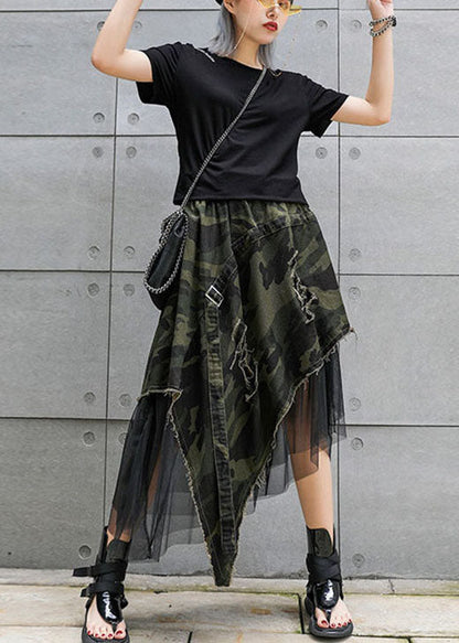 Italian Camouflage High Waist Denim Patchwork Tulle asymmetrical design  Skirts