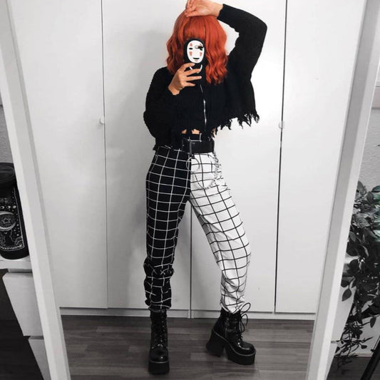 GOTH PATCHWORK HIGH WAIST BLACK & WHITE CARGO PANTS