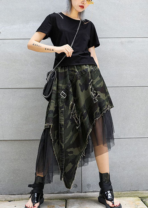 Italian Camouflage High Waist Denim Patchwork Tulle asymmetrical design  Skirts