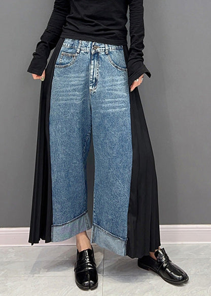 Casual Blue Chiffon Patchwork High Waist Denim Straight Pants Spring