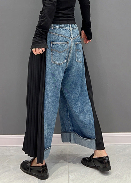 Casual Blue Chiffon Patchwork High Waist Denim Straight Pants Spring