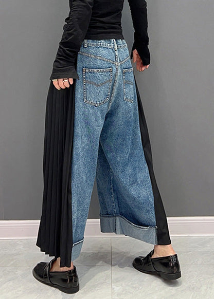 Casual Blue Chiffon Patchwork High Waist Denim Straight Pants Spring