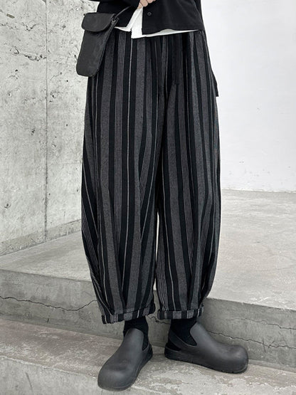 Casual Black High Waisted Pockets Striped Harem Pants