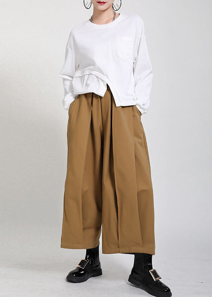 Modern Yellow Elastic Waist Oversized Pockets Cotton Crop Pants
