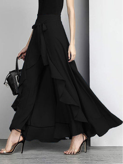 French Red Waist Spliced Ruffle Hem Straight Leg Skirt