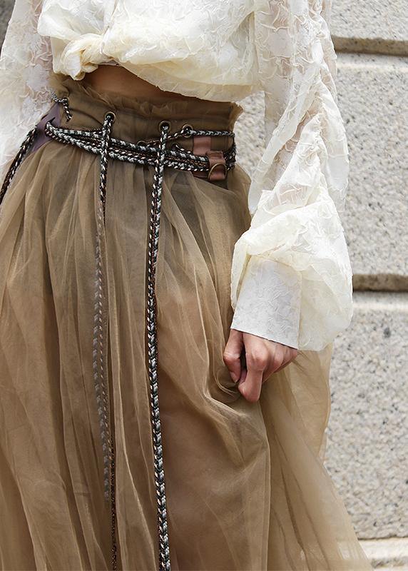 Comfy Khaki tie waist Patchwork Tulle Skirt Summer