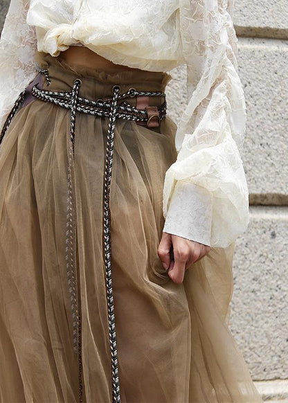 Comfy Khaki tie waist Patchwork Tulle Skirt Summer