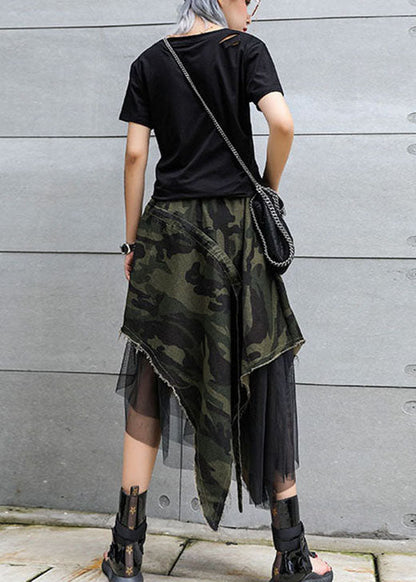 Italian Camouflage High Waist Denim Patchwork Tulle asymmetrical design  Skirts