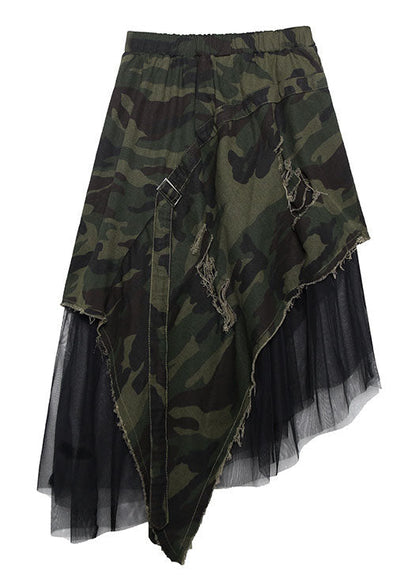 Italian Camouflage High Waist Denim Patchwork Tulle asymmetrical design  Skirts
