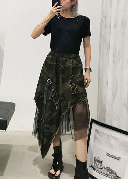 Italian Camouflage High Waist Denim Patchwork Tulle asymmetrical design  Skirts