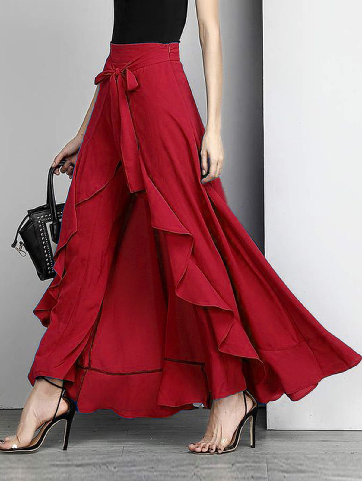 French Red Waist Spliced Ruffle Hem Straight Leg Skirt