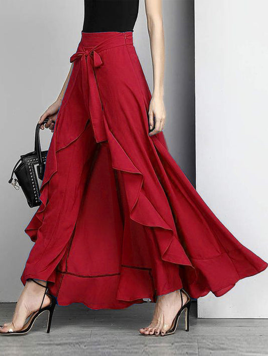 French Red Waist Spliced Ruffle Hem Straight Leg Skirt