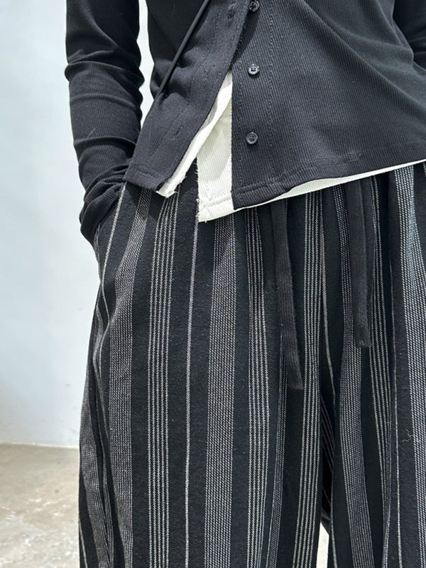 Casual Black High Waisted Pockets Striped Harem Pants