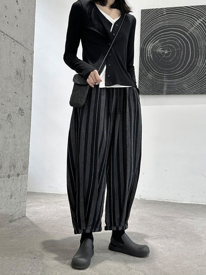Casual Black High Waisted Pockets Striped Harem Pants