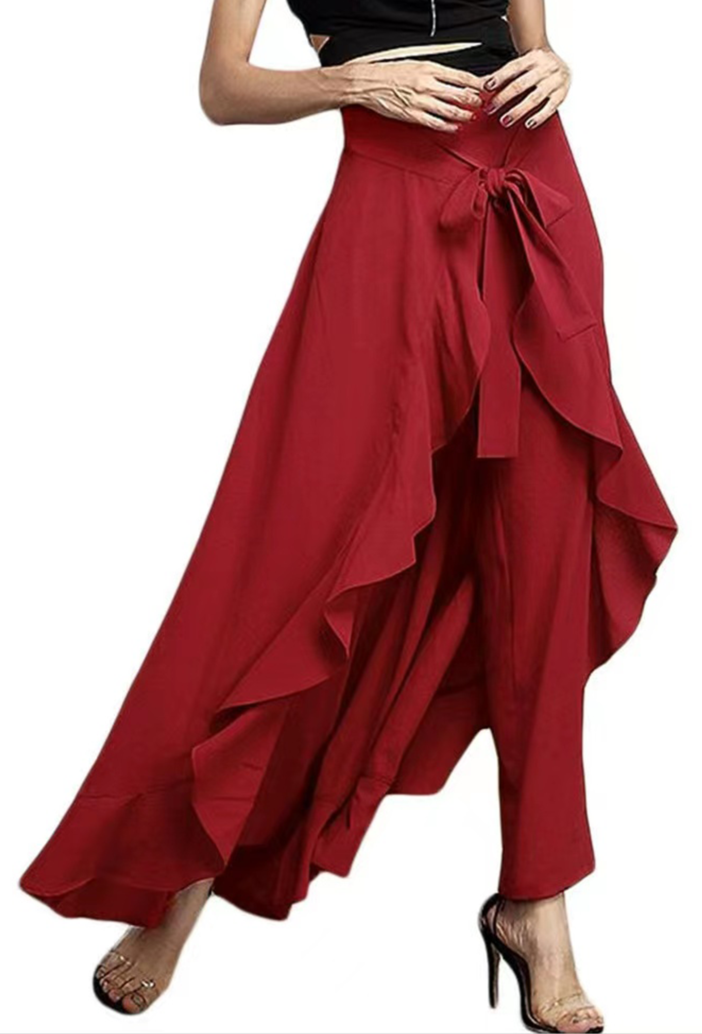 French Red Waist Spliced Ruffle Hem Straight Leg Skirt