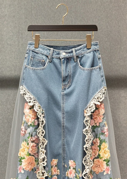 Boutique Light Blue Tulle Patchwork Flower Denim Skirts Fall