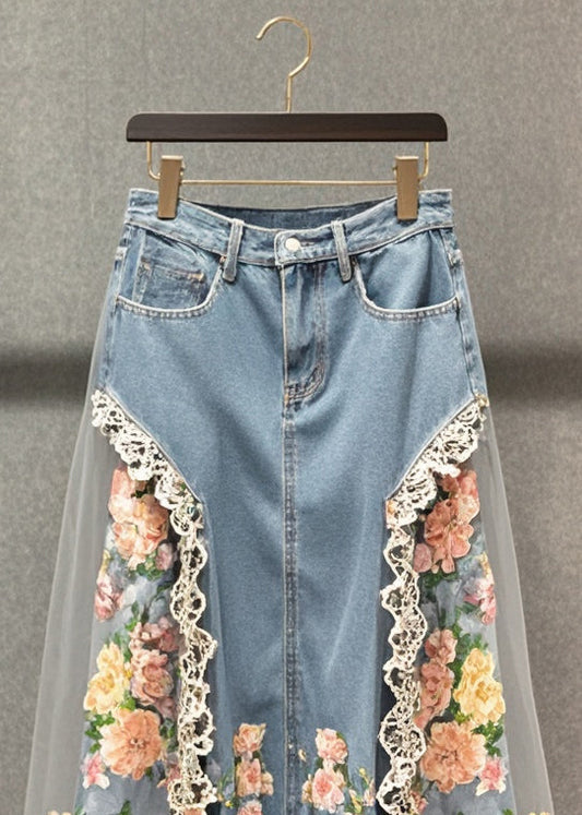 Boutique Light Blue Tulle Patchwork Flower Denim Skirts Fall