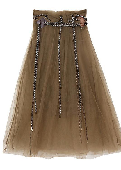Comfy Khaki tie waist Patchwork Tulle Skirt Summer