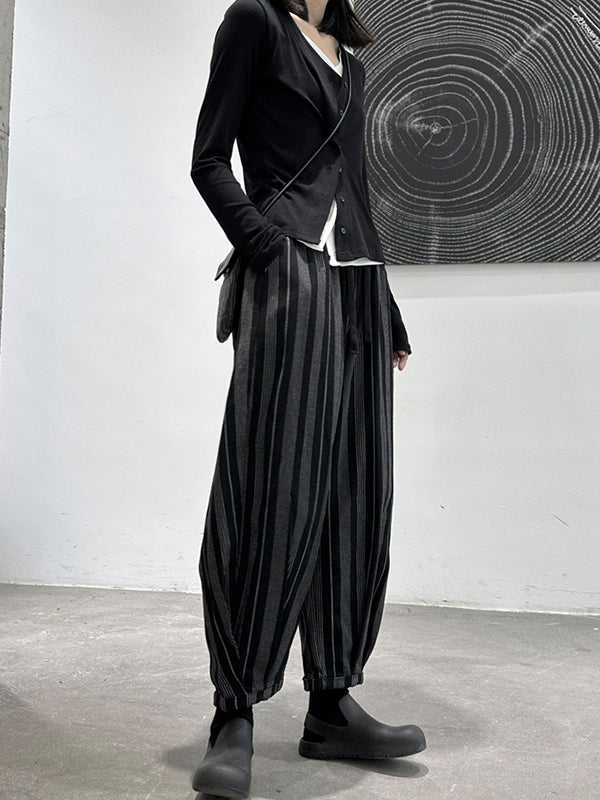 Casual Black High Waisted Pockets Striped Harem Pants