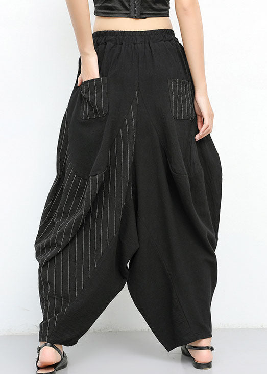 Fine Black Patchwork Striped Cotton Pants Spring