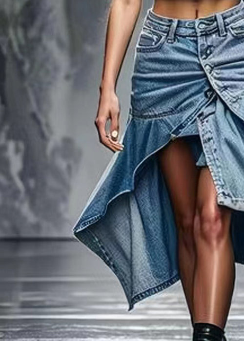 Chic Blue Button Side Open High Waist Denim Skirts Summer